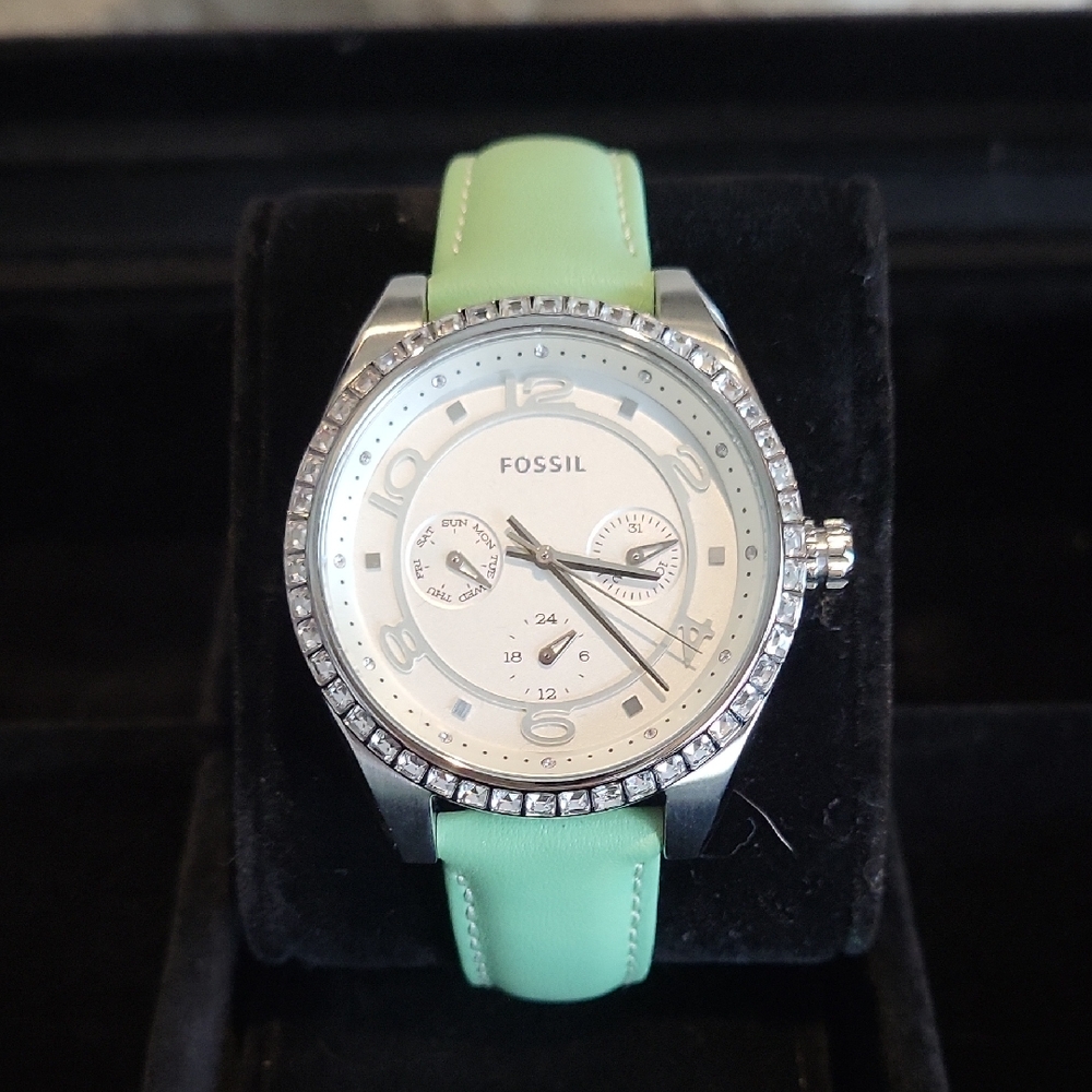 Fossil Silver Watch with Mint Green Strap